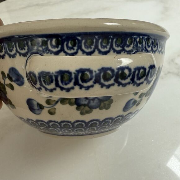 Unikat Polish Handmade Floral Handled Ceramic Mixing Bowl with Spout Blue White - Picture 10 of 11